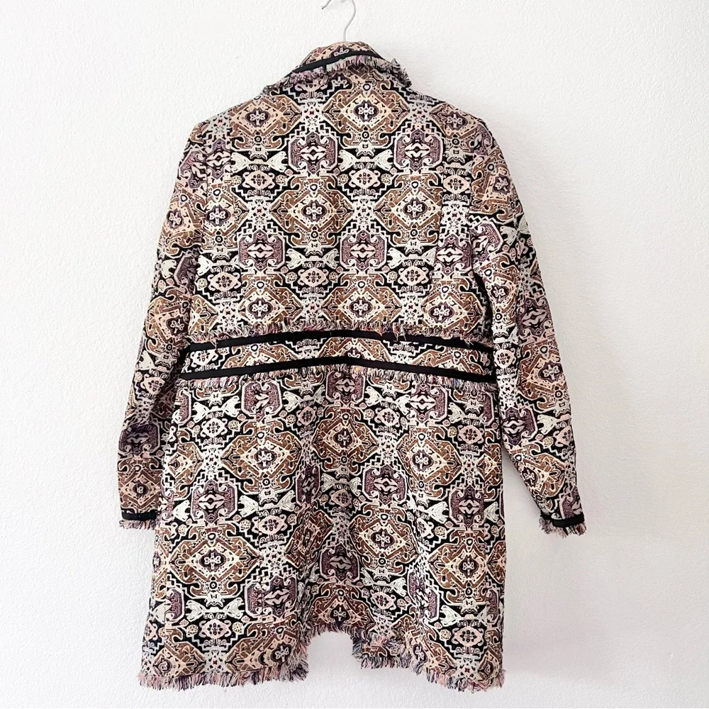 Chico’s Metallic Boho Long Length Jacquard Fringe Jacket Sz 1 (8-10)